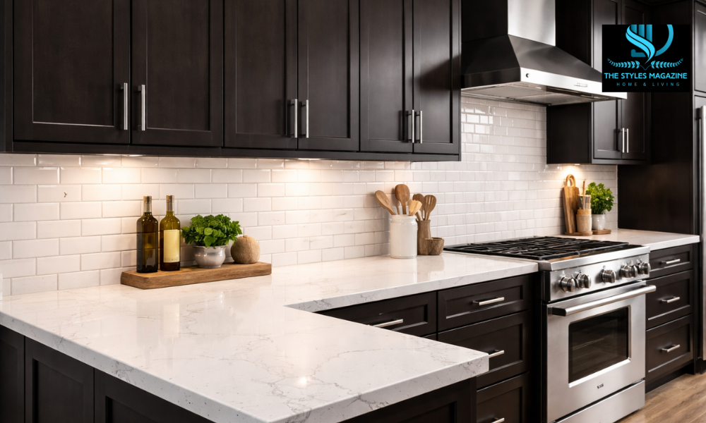 Backsplash for Quartz Countertop and Dark Cabinets