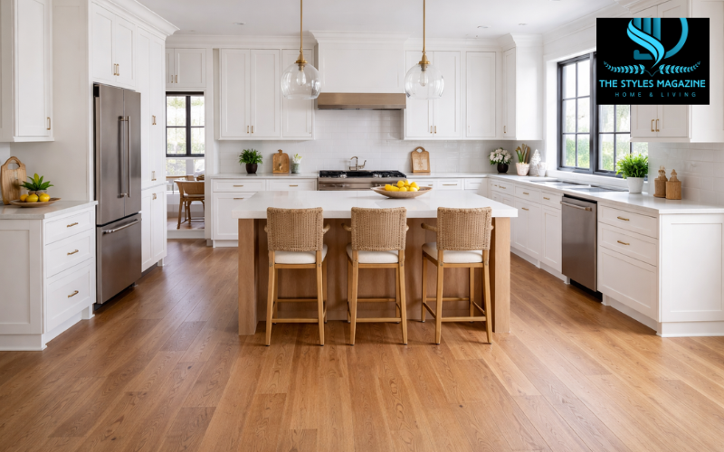 Hardwood Floor in Kitchen with White Cabinets