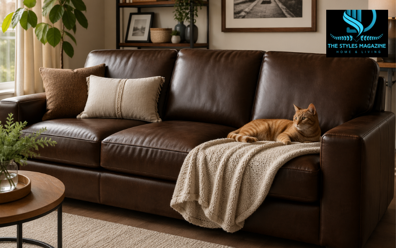 leather sofa with cats