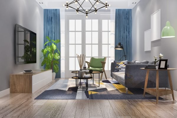 3d rendering vintage colorful living room with retro style